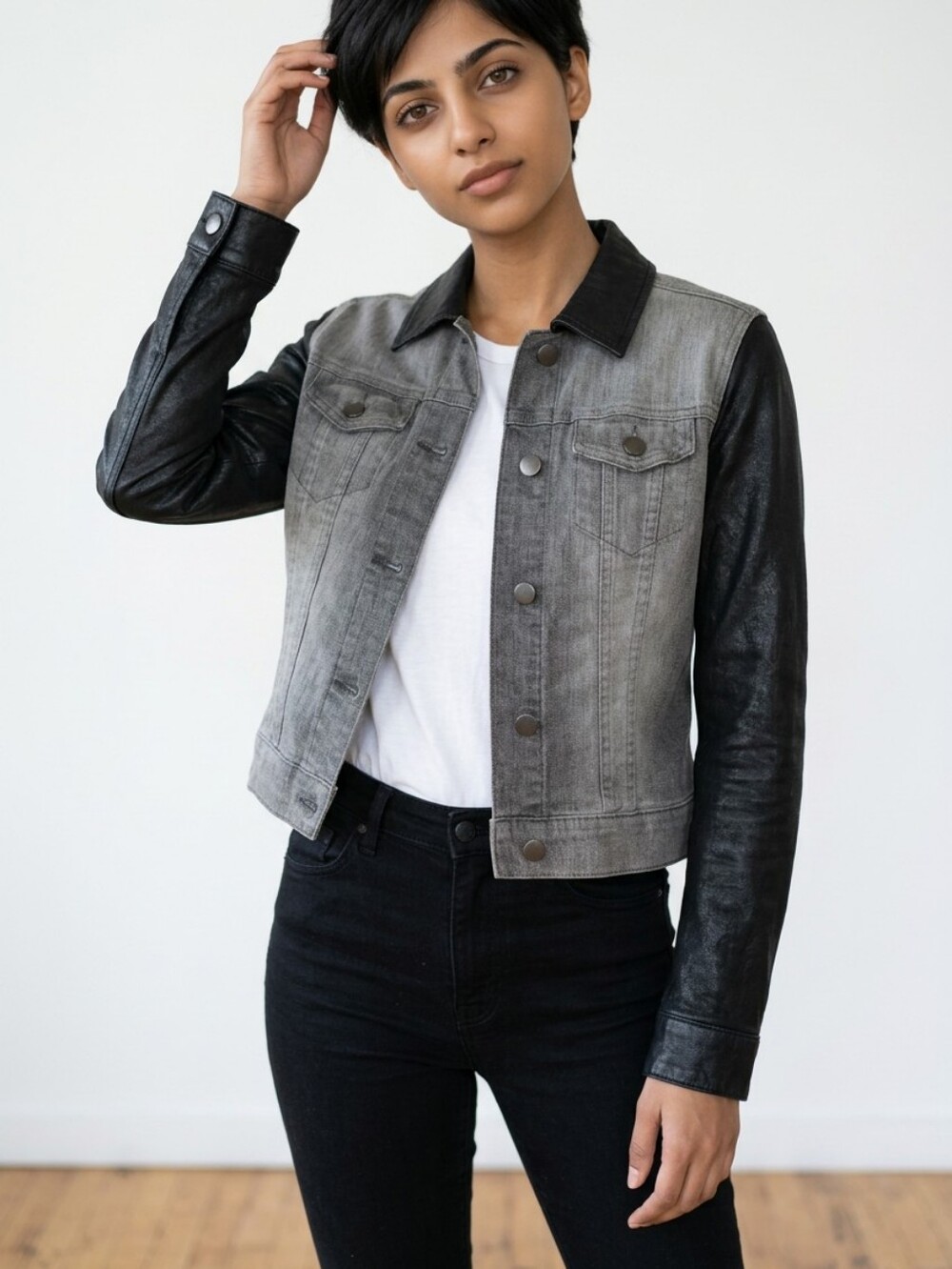 J Brand Ashen Two-Tone Gray Denim Jacket w/ Black Genuine Leather Sleeves Size S